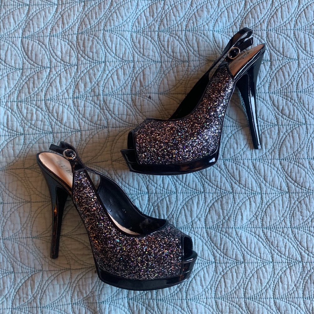 Black and Silver Glitter Heels Size 9